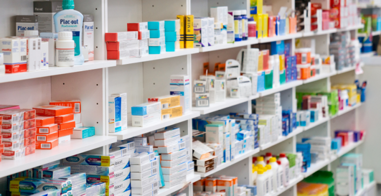 Shelves of medication in a pharmacy