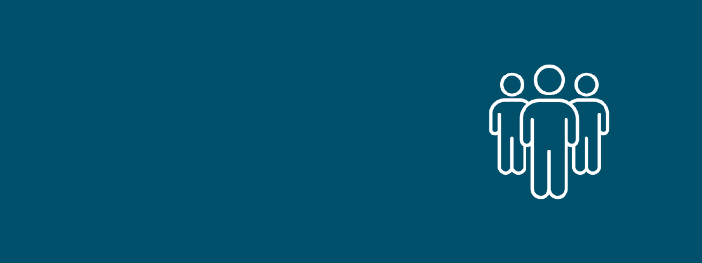 Blue background with a white line drawing of three human figures