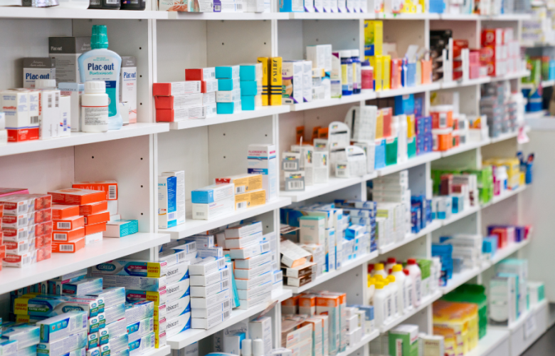 Shelves of medication in a pharmacy